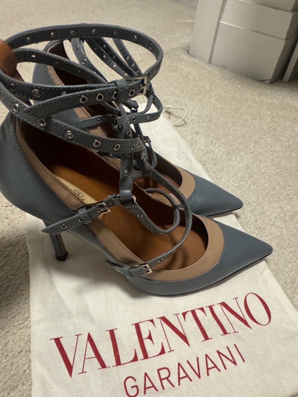 Valentino Blue and Tan Pointed Lace-Up Pumps - Picture 2 of 5